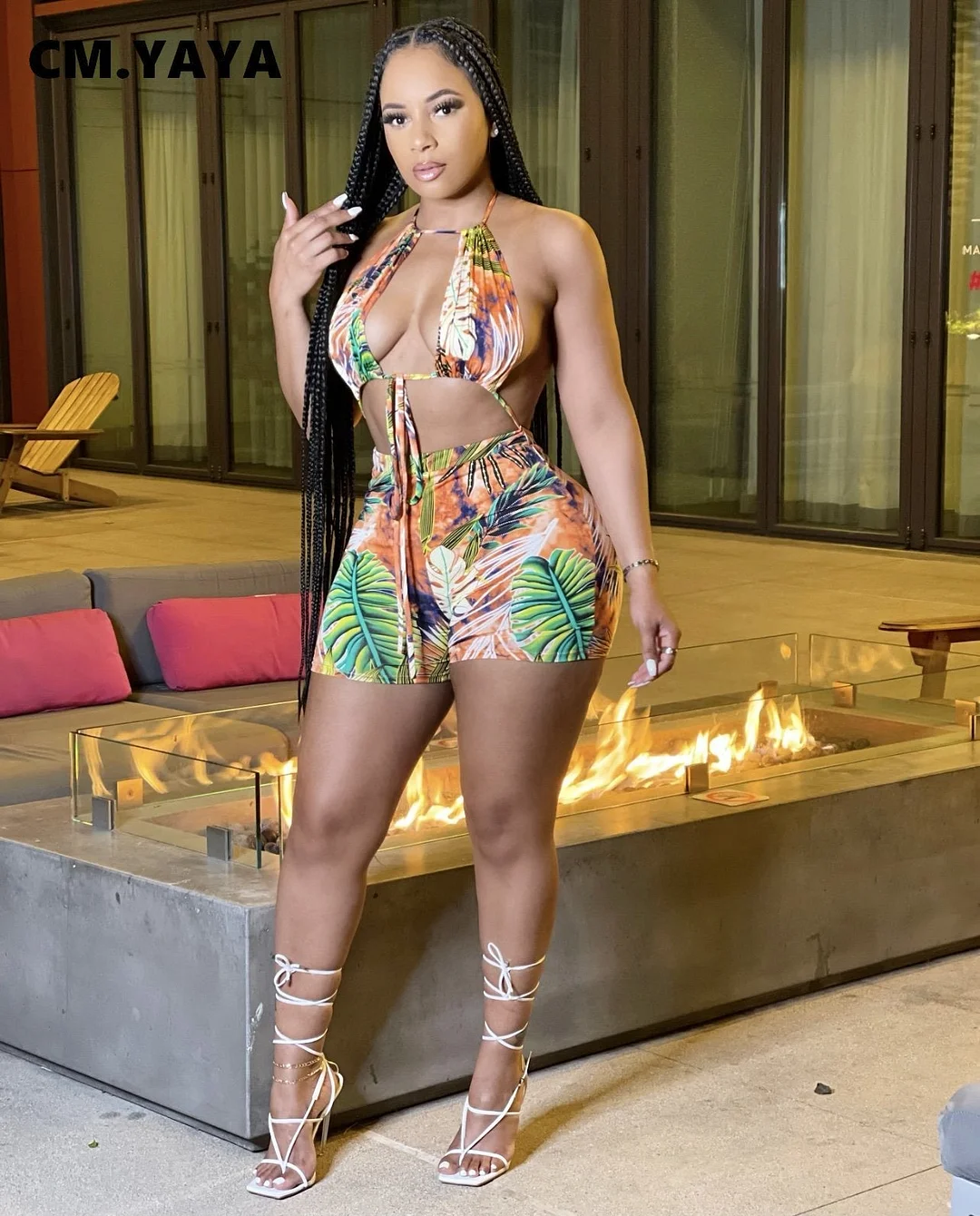 CM.YAYA Women Playsuit Print Sleeveless Halter Hollow Out Bandage Stretchy Bodycon Playsuits Sexy Rompers Fashoin Outfit Summer