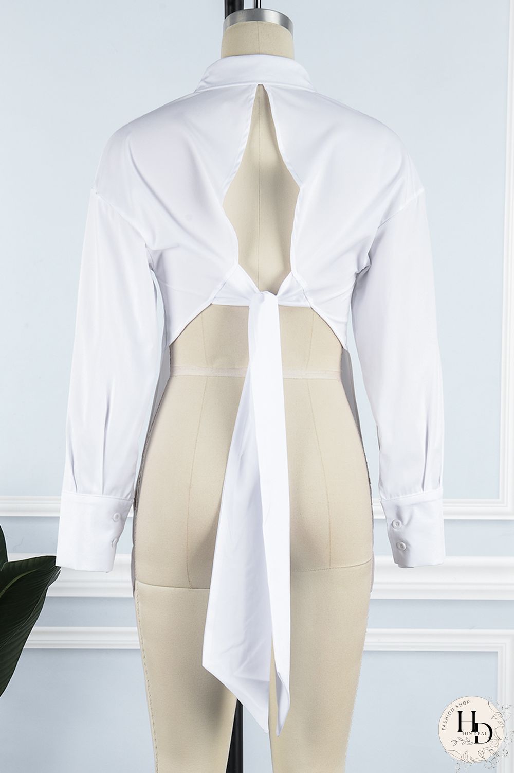 Black Casual Solid Frenulum Backless Asymmetrical Shirt Collar Tops