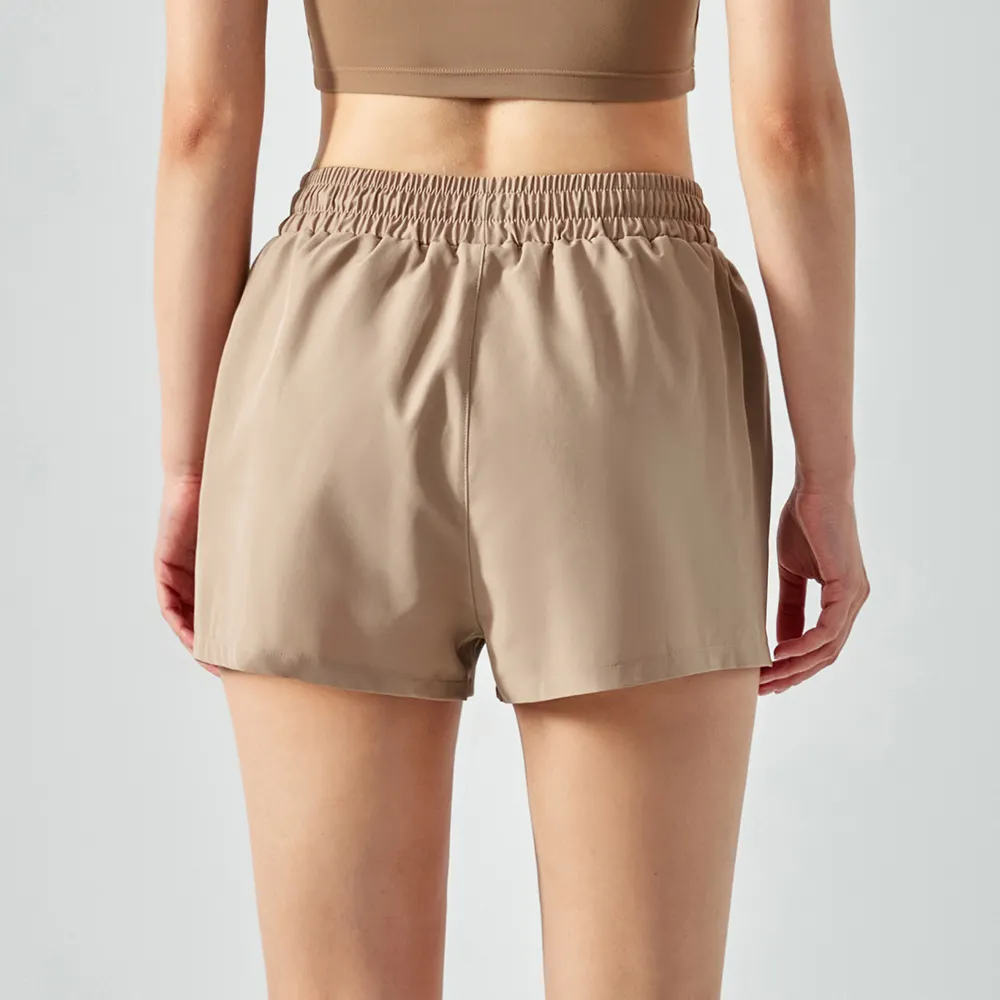 Buy Hergymclothing Almond 4 way stretch anti wardrobe malfunction comfortable polyester spandex fake 2 pieces gym running shorts with pockets at an affordable price