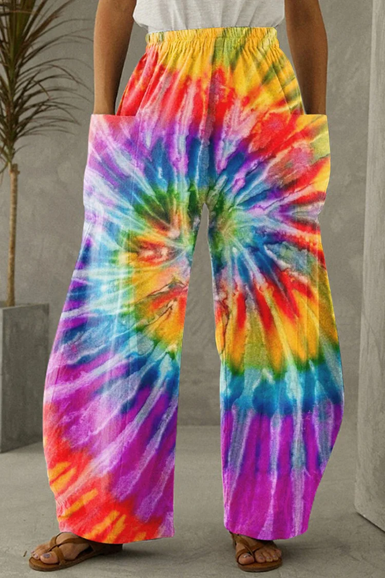 Plus Size Multicolor Casual Rainbow Tie Dye Pocket Wide Leg Pants