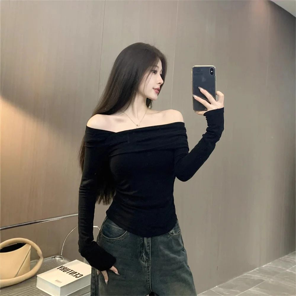 Uveng Uveng Desire Sexy Hot Girl De Long Sleeve Bottom Shirt Jacket Female 2024 Slim Velvet Inclined Collar A Word Shoulder T-Shirt Tide