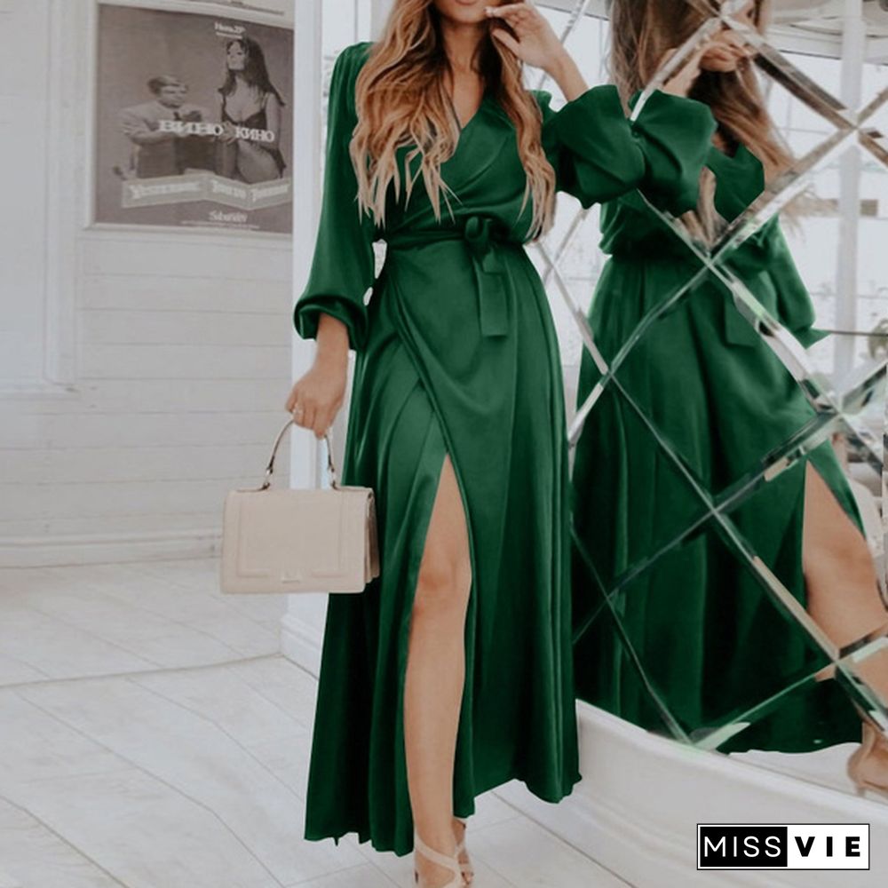 Women Elegant Long Wrap Dress Puff Long Sleeve V Neck Bandage Party Casual Silk Stain Maxi Dress Vestidos