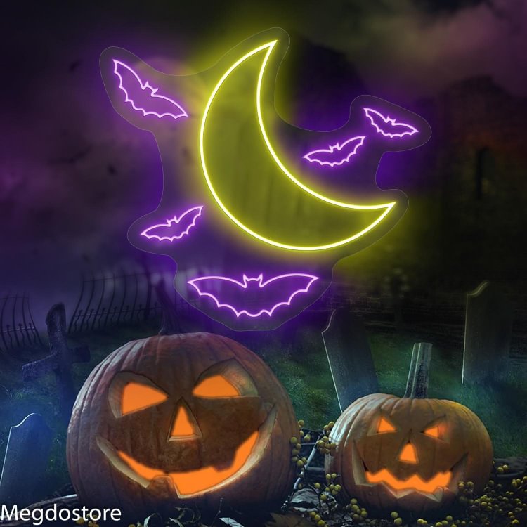 Moon Bat Neon Sign/ Halloween LED Decorations, Custom Neon Sign, Room Halloween Decor, Outdoor Indoor Neon Light Halloween Gift