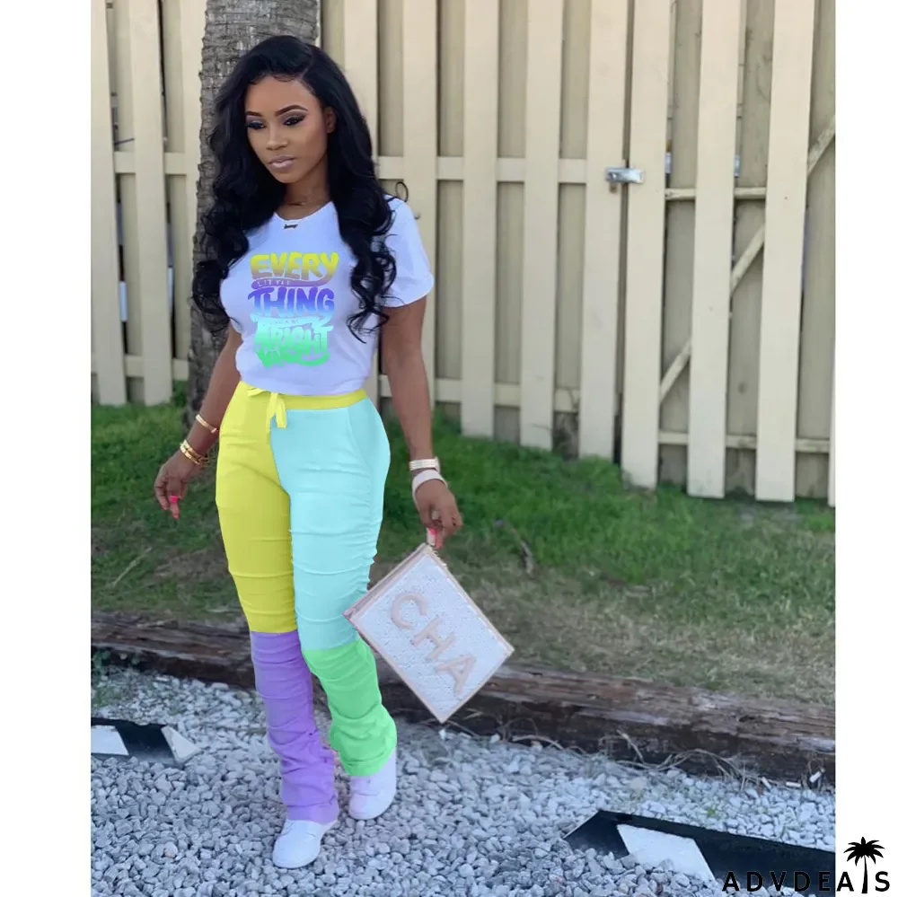 Casual Placement Print Letter Contrast Pleated Two-Piece Set