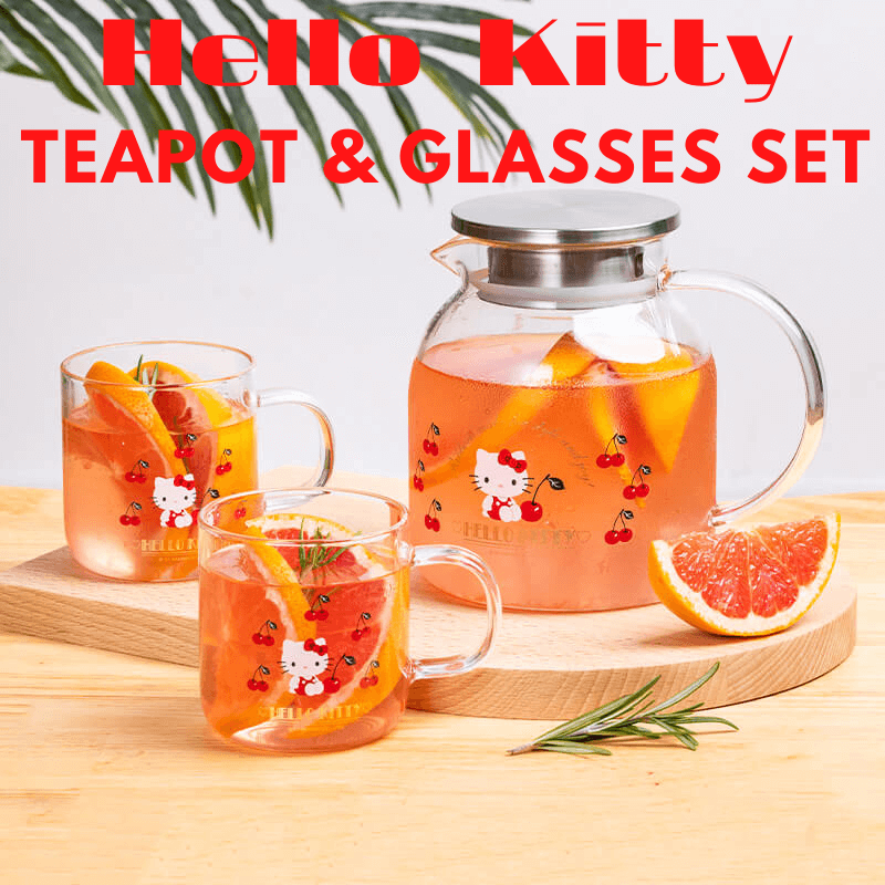 Hello Kitty Glass Teapot + 2 Glasses Set 41oz/1200ml Glass Kettle Glass Pitcher Tea Pot for Loose Leaf Tea & Blooming Tea Stovetop & Microwave Safe (41oz/1200ml) A Cute Shop - Inspired by You For The Cute Soul 