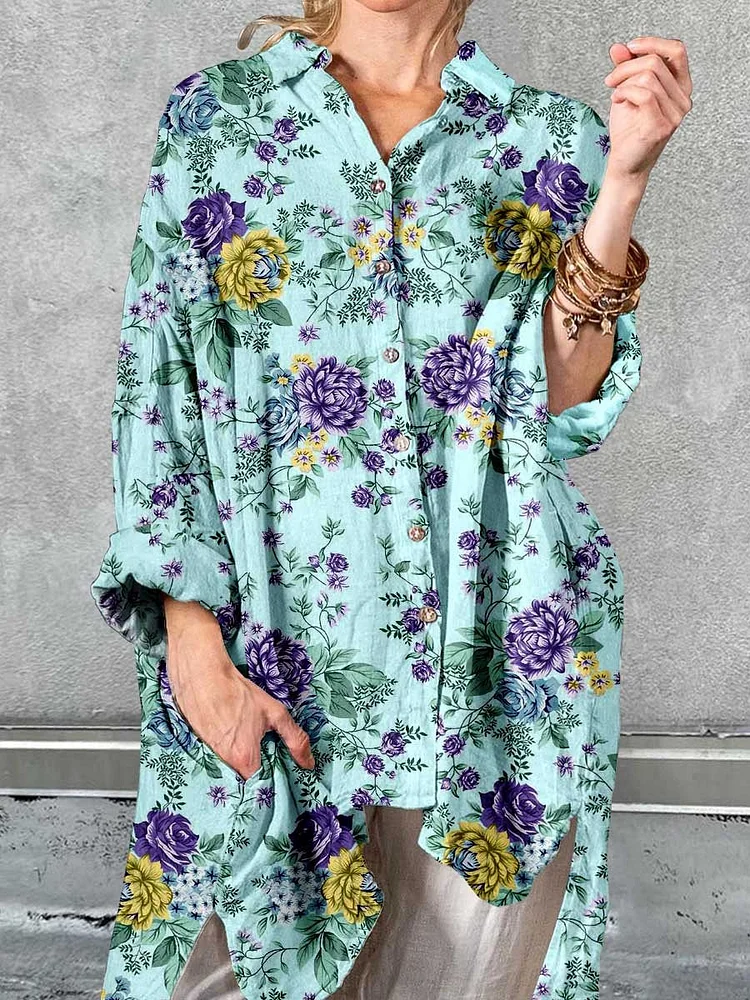 Women's Art Elegant Rose Floral Pattern Cotton Shirt