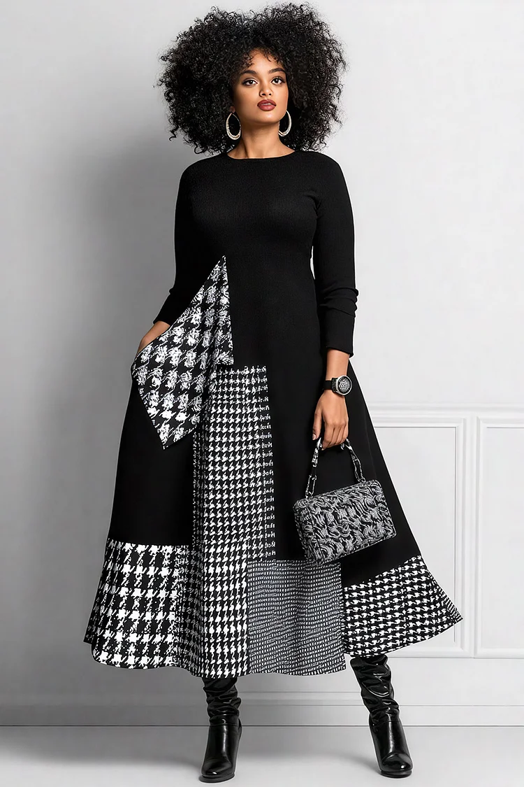 Xpluswear Design Plus Size Daily Black Houndstooth Round Neck Long Sleeve Pocket Elegant Maxi Dresses 2024 - Xpluswear