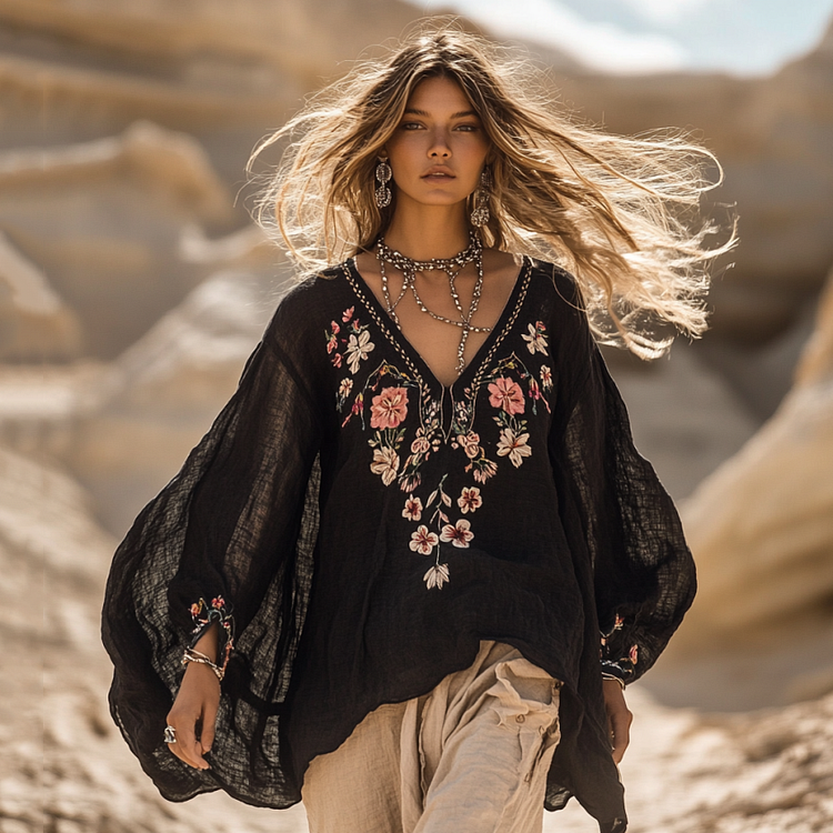 Boho Floral Embroidery Print Cotton And Linen Blend Loose Blouse