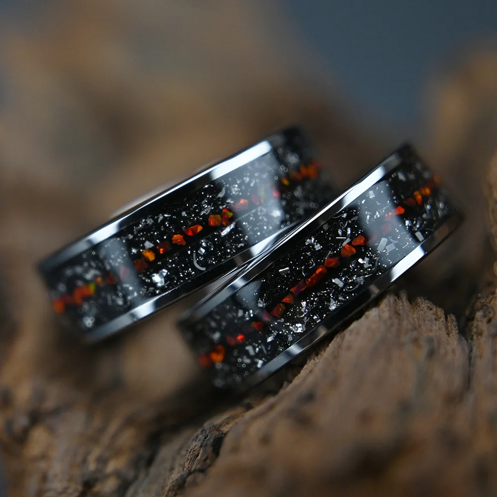 8MM Black Tungsten Carbide Rings Flat-set Meteorite Red Orbale Tungsten Wedding Bands For Women and Men