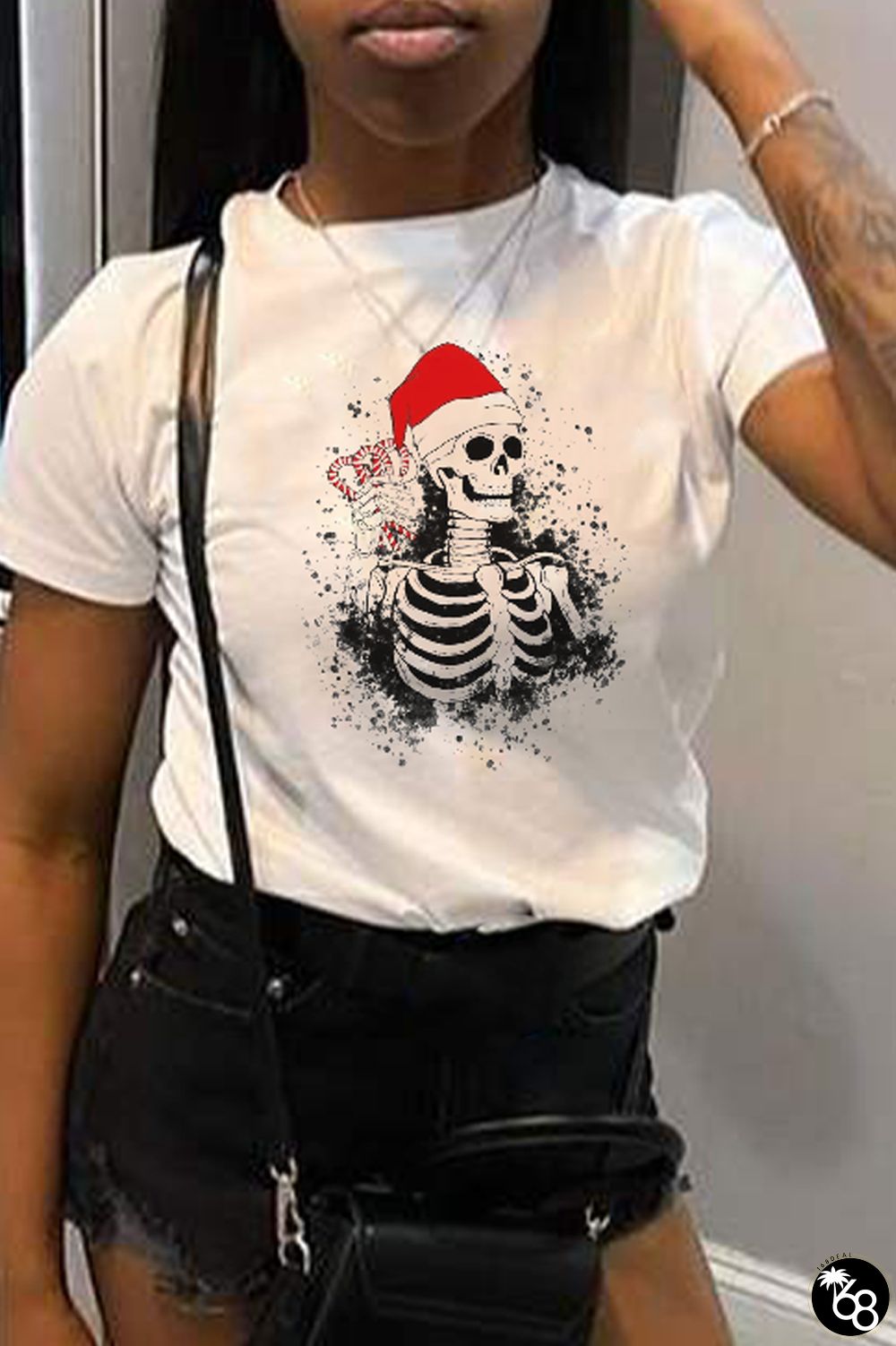 White Street Print Skull Patchwork O Neck T-Shirts | 168DEAL