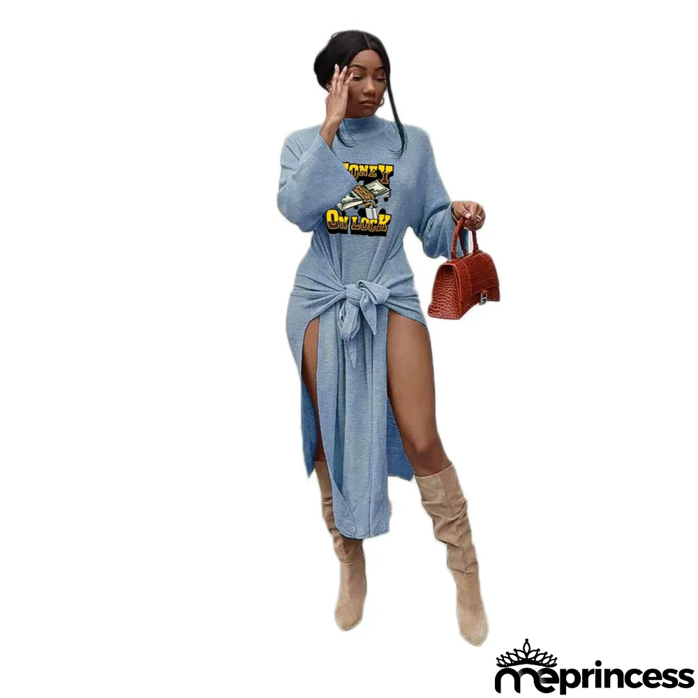 Print Ethnic Pullover Chic Career Half Ribbed Mid-Rise Lace-Up Dress