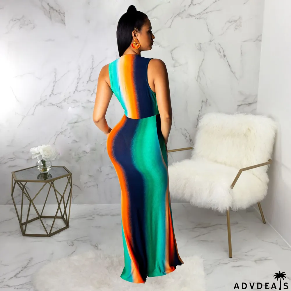 Sexy Printed Deep V Neck Maxi Dresses