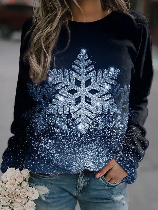 Women's Shiny Snowflake Print Casual Crew Neck Sweatshirt