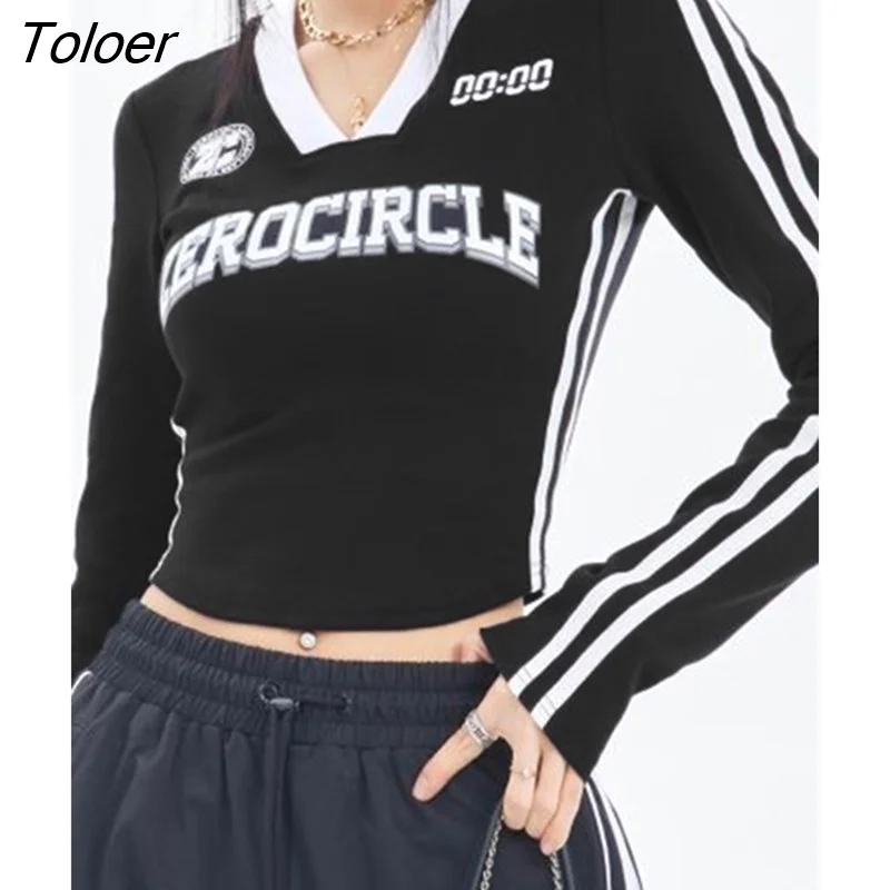 Toloer Korean Fashion Letter Print Crop Tops Casual Side Stripe Long Sleeve T-shirts American Retro Slim V Neck Pullovers 90s