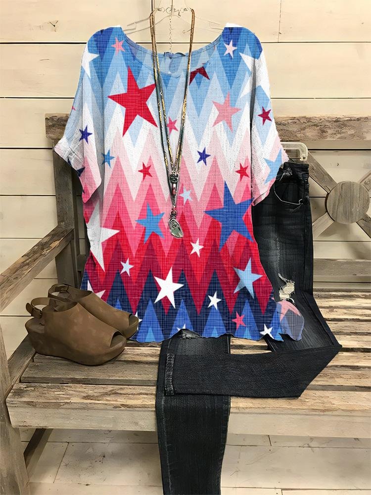 Women's Casual Gradient Color Star Flag Print Half-sleeve Round Neck T-shirt