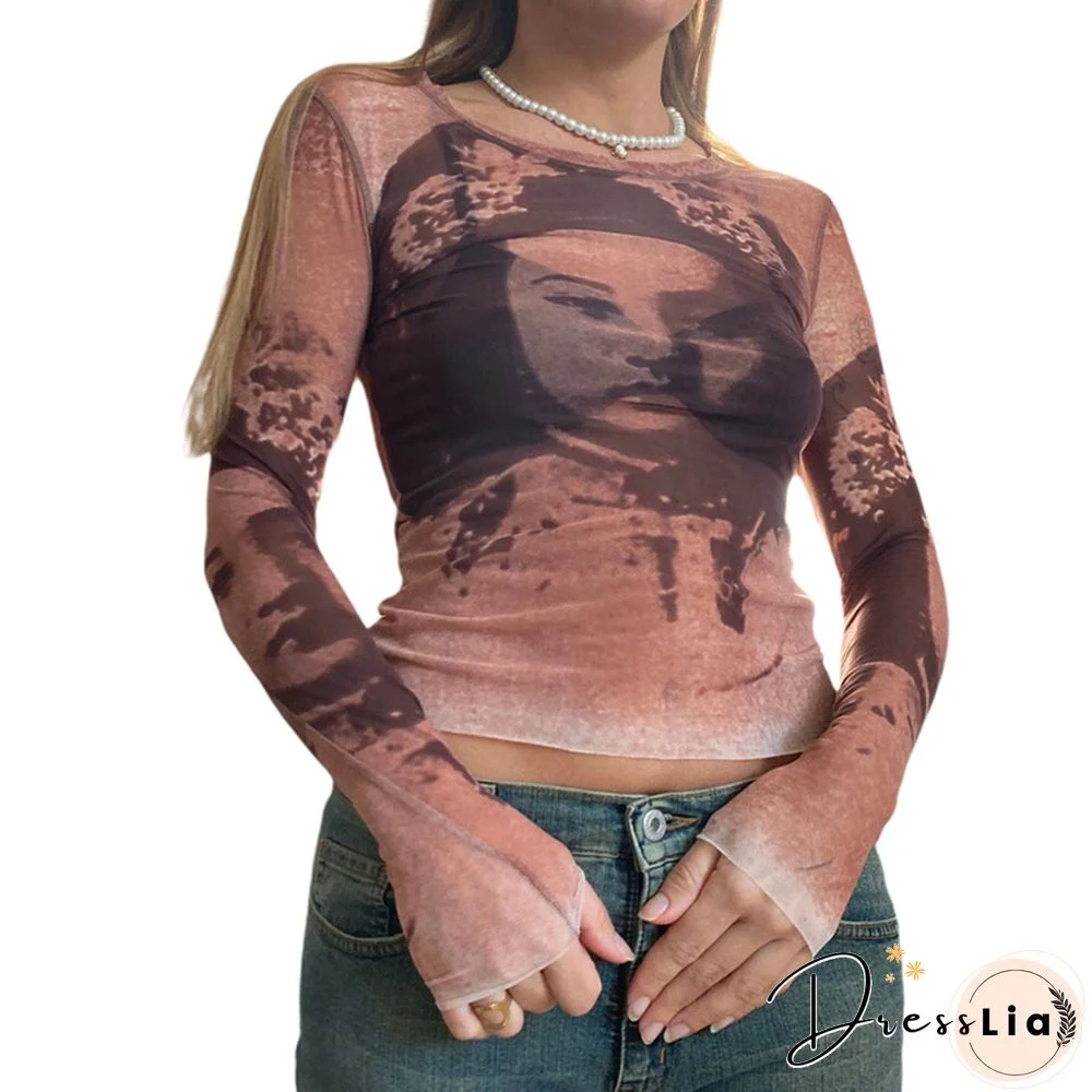 Y2k Women Long Sleeve T-shirt Anime Aesthetic Portrait Printing Mesh Yarn Round Neck Tops Goth Harajuku Streetwear