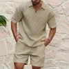 Men's Casual Waffle-Knit Solid-Color Polo Shirt & Tracksuit Set by Inlyline