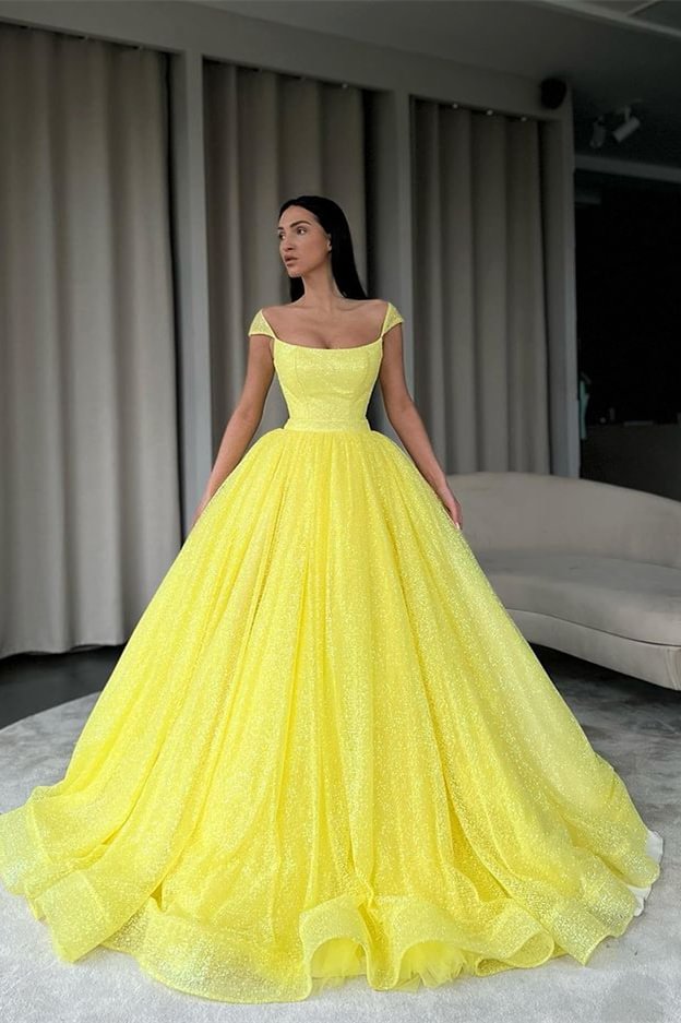 Luluslly Ball Gown Daffodil Prom Dress Sequins Long Off-the-Shoulder