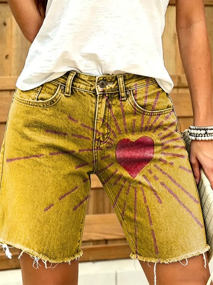 Women's Hippie-Style Love Art Print Fashion Denim Shorts