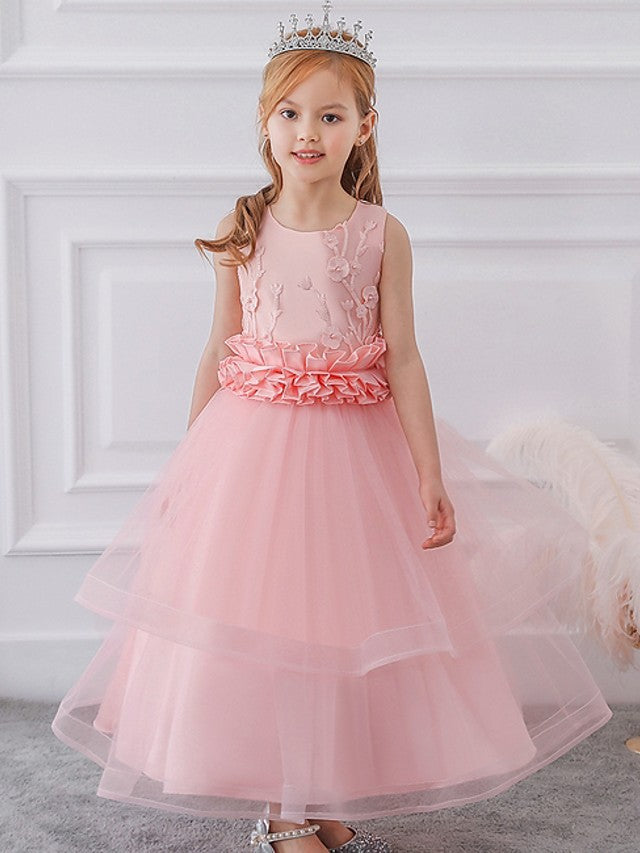 Oknass Ball Gown Sleeveless Jewel Neck Flower Girl Dresses  Tulle  With Sash Ribbon Bow Appliques