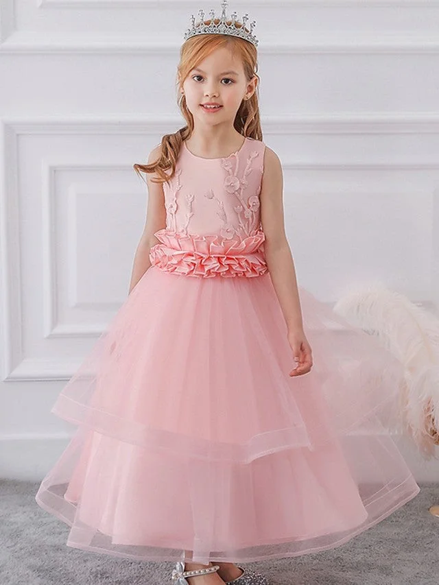 Hellodresses Ball Gown Sleeveless Jewel Neck Flower Girl Dresses  Tulle  With Sash Ribbon Bow Appliques
