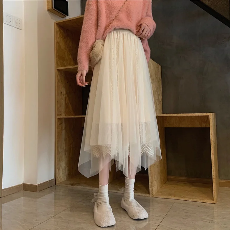 MULTI LAYER IRREGULAR MESH MIDI SKIRT