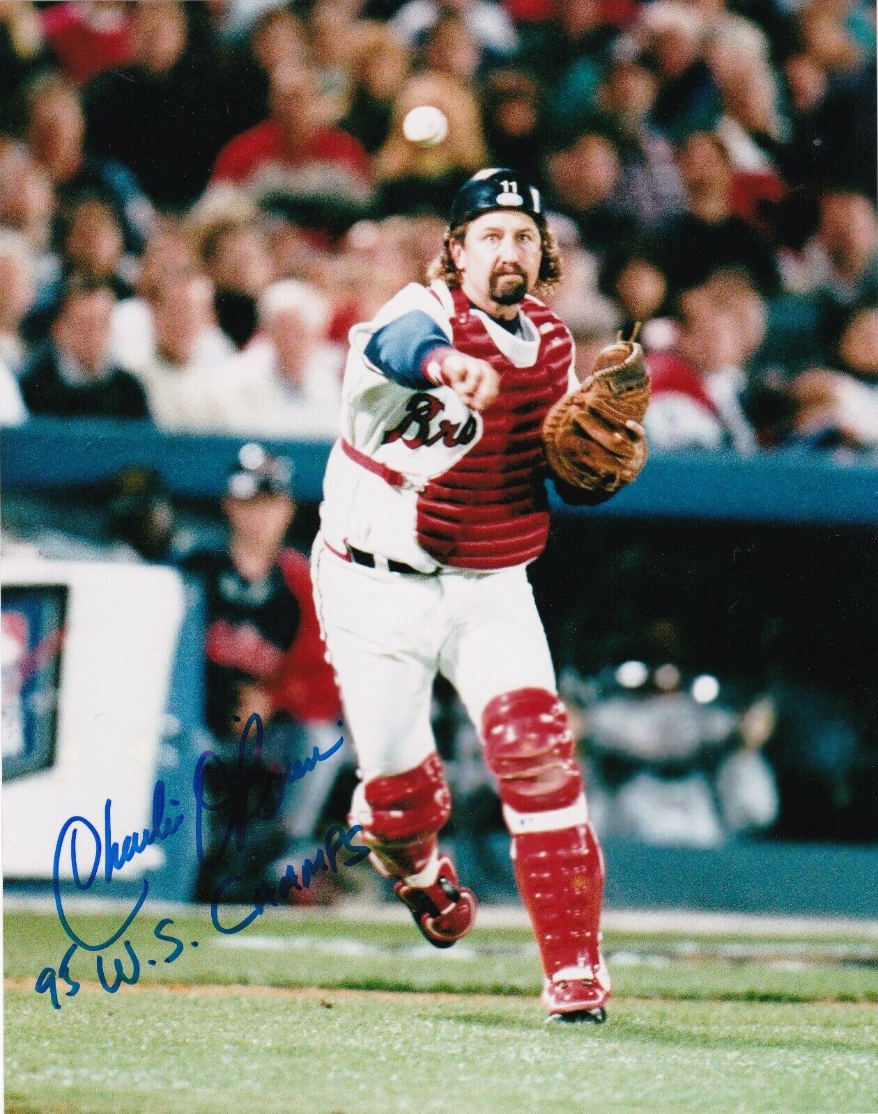 CHARLIE O'BRIEN ATLANTA BRAVES 95 WS CHAMPS ACTION SIGNED 8x10