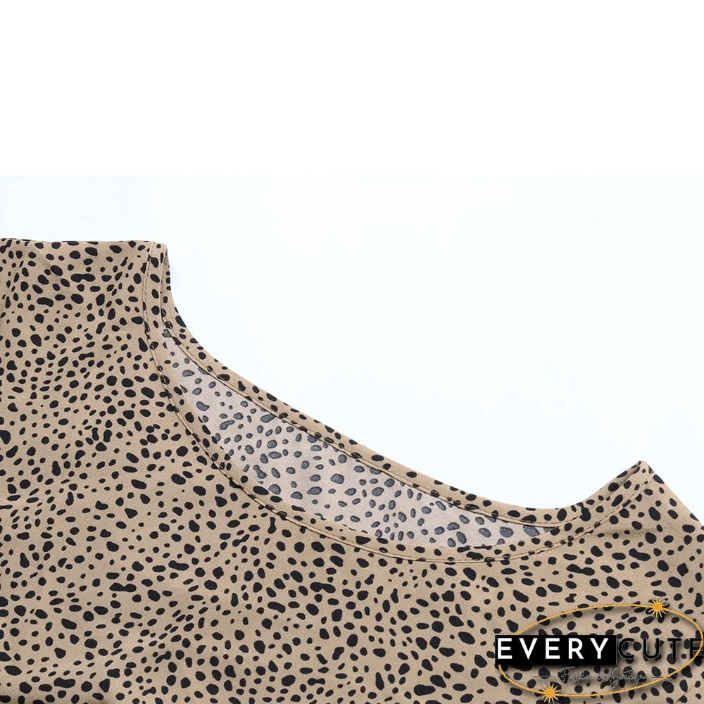 Khaki Leopard Ruffle Detail Long Sleeve Maxi Dress