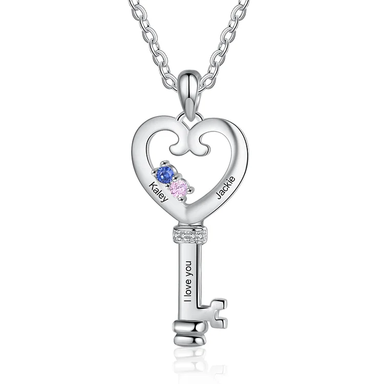 Personalized Heart Key Pendant Necklace with 2 Birthstones Necklace for Her