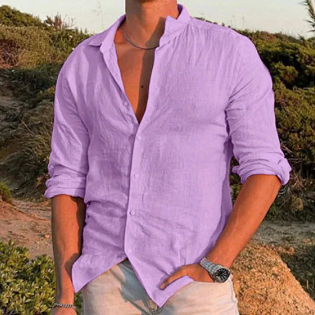 Inongge Hot Male Summer Cotton Linen Shirt Solid Casual Oversized Loose Long Sleeve Top Men Turn Down Collar Purple Shirts Fashion Blusa