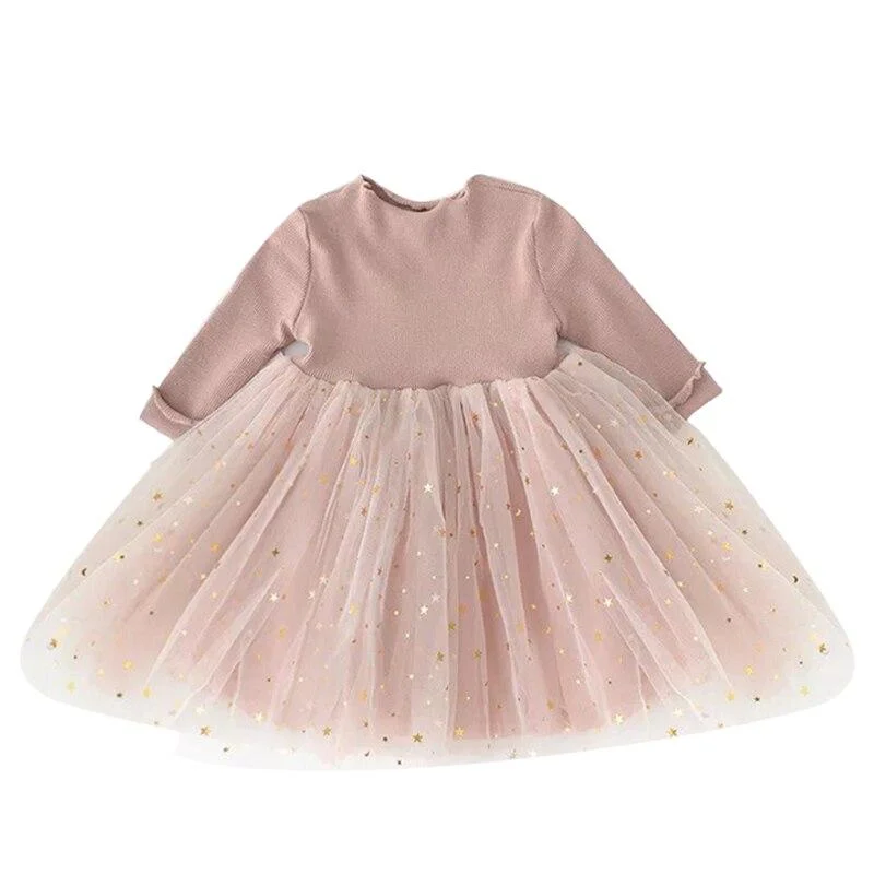 Girls New Children's Princess Dress Sequin Pentagram Long Sleeves Ball Gown Baby Girl Clothes Kids Dresses for Girls Clothing