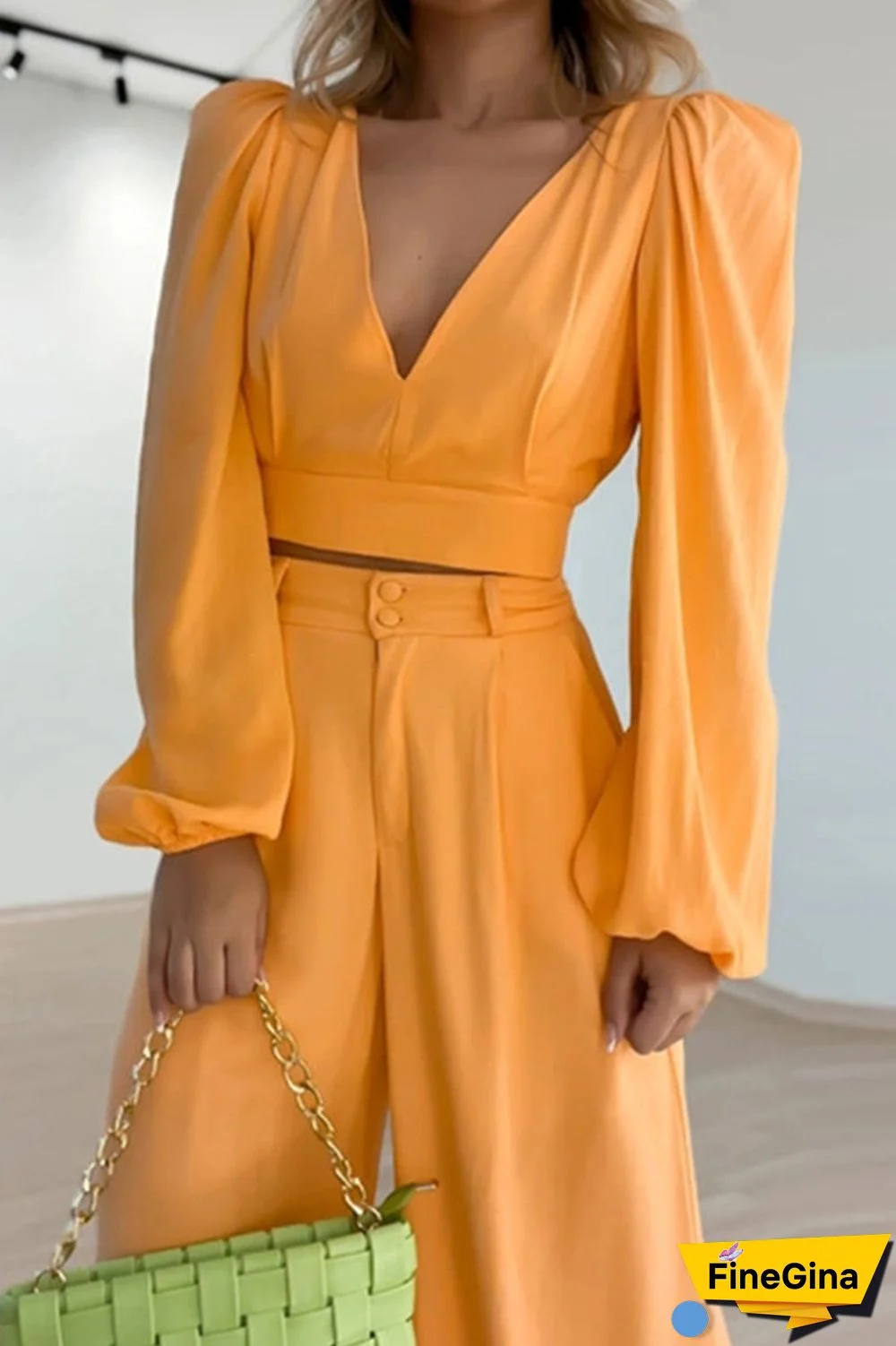 Work Elegant Solid Buttons V Neck Long Sleeve Two Pieces