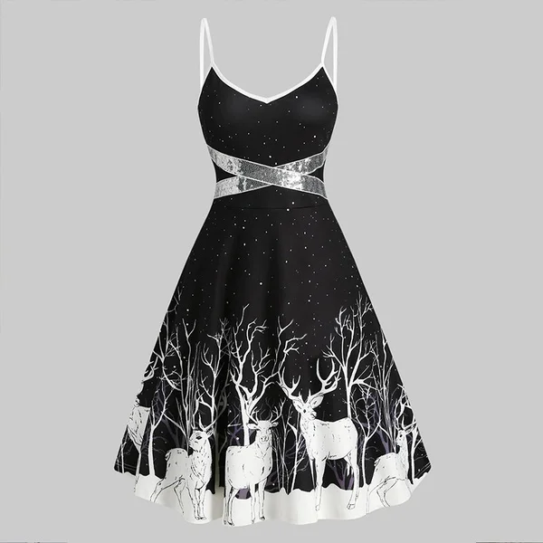 Christmas Deer Print Spaghetti Strap Dress Fashion Print Skater Dresses