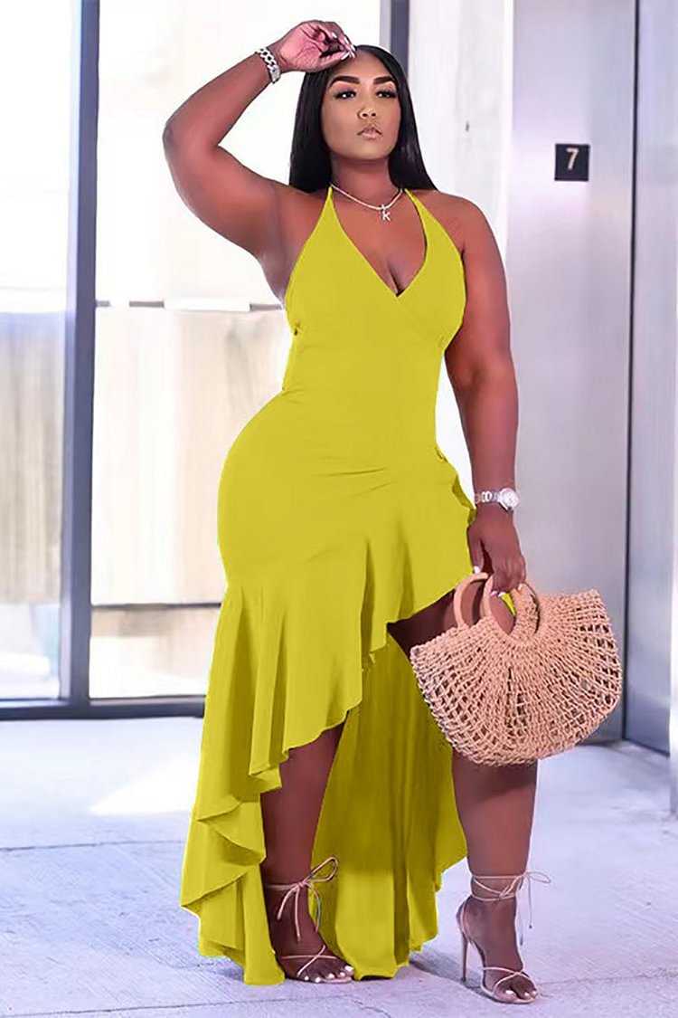 V Neck Ruffle Asymmetric Hem Cami Midi Dress