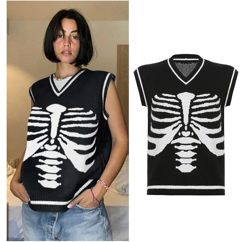 Rapcopter Y2K Sweaters Skulls Pullovers V Neck Knitwear Loose Casual Knitted Jumpers Women Streetwear Retro Tops Autumn Winter