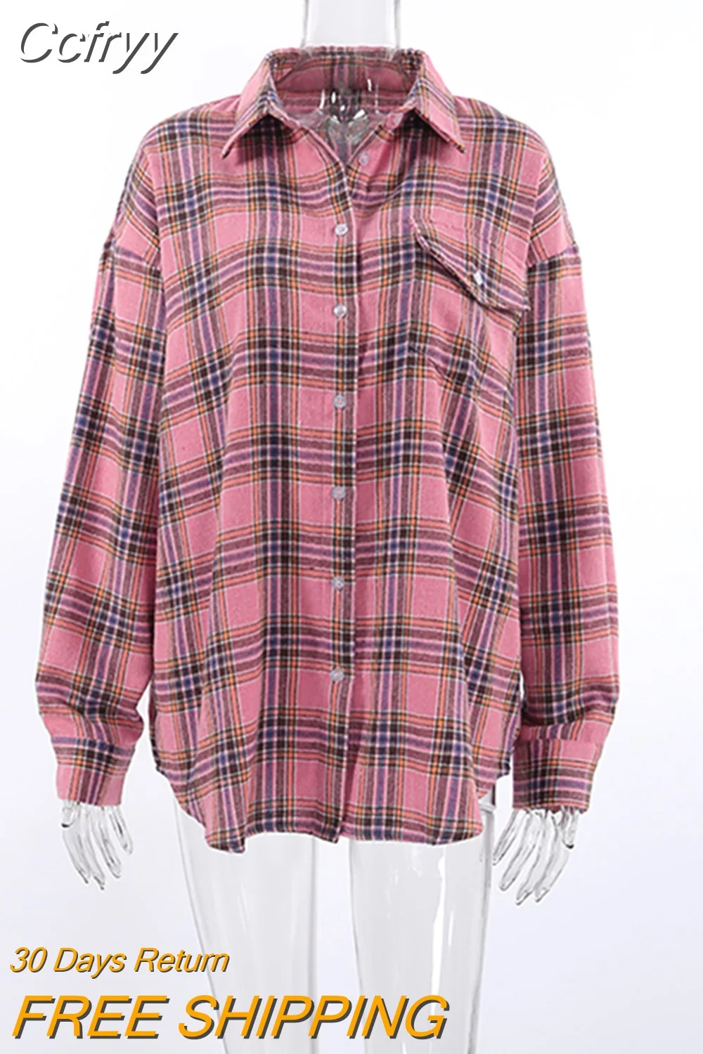 Huibahe Pink Plaid Shirts And Tops Women Street Wear Gingham Casual Long Sleeve Top Single-Breasted Oversize Shirt Ladies