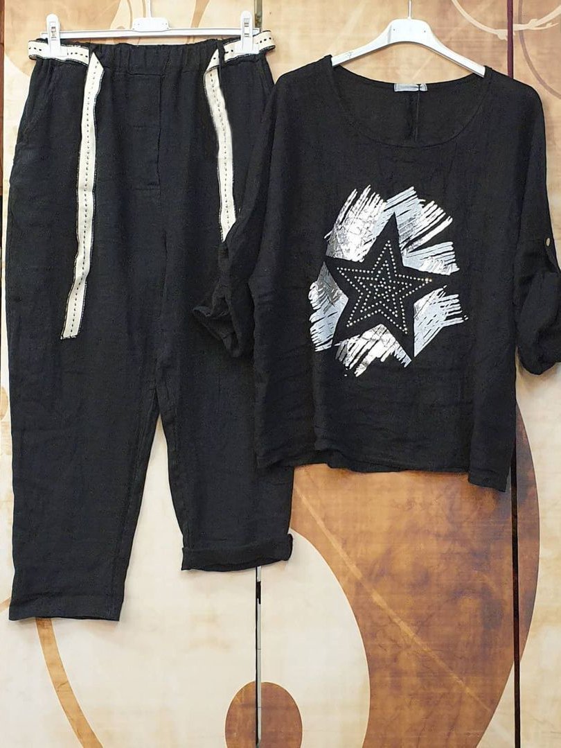 Black Short Sleeve Casual Star Cotton-Blend Suits