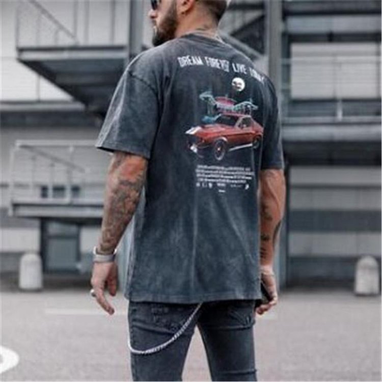 Retro car print casual t-shirt