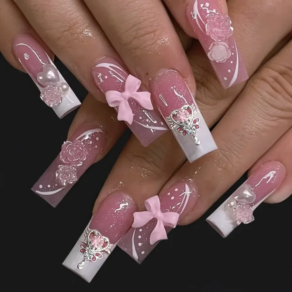 Ddmcloud 24pcs Long Ballerina Fake Nails Blue Crystal Flowers Pink Bow French False Nails Full Cover Press on Nails DIY Detachable