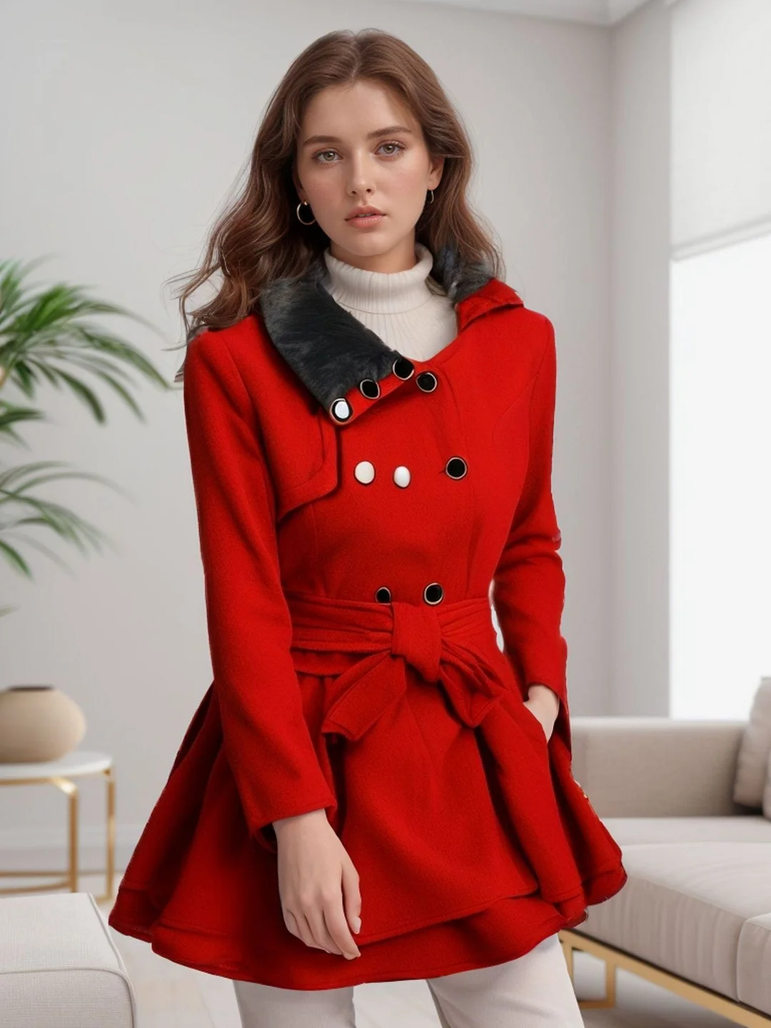 Nigikala Nigikala Women's Belt Repair Long Hair, Coat Skirt With Wool Double Buckle Coat