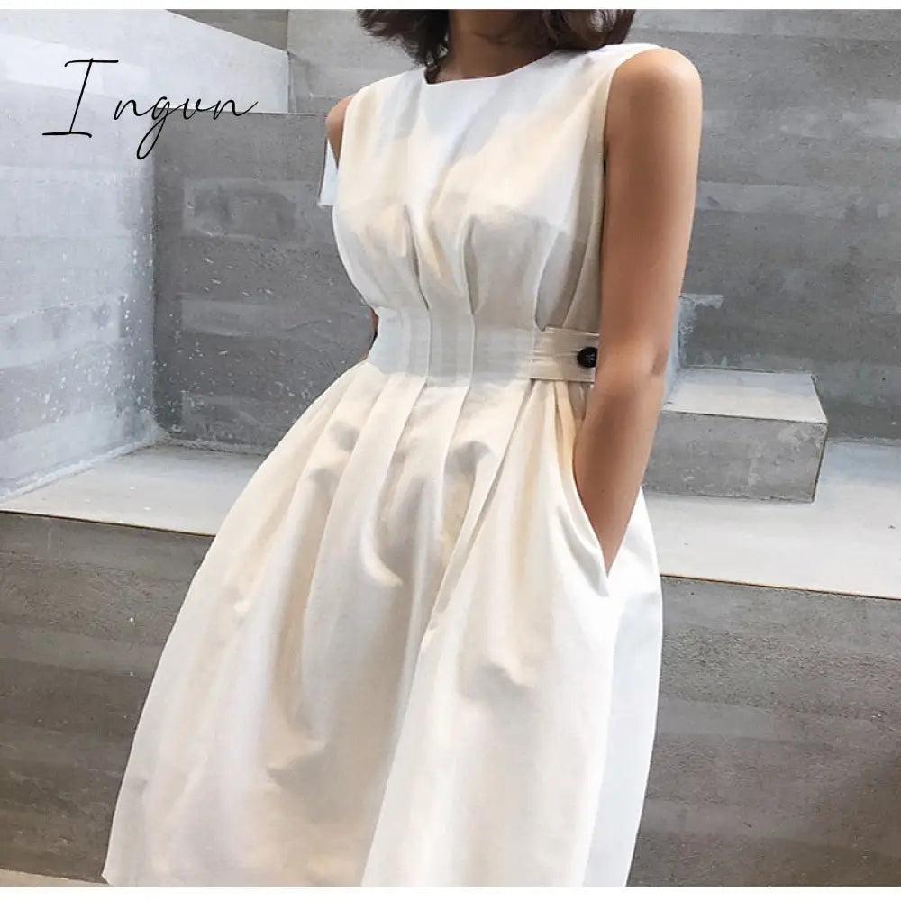 Ingvn - Summer Women Solid White Black Fashion Elegant Casual Party Dress O Neck Sleeveless Tank