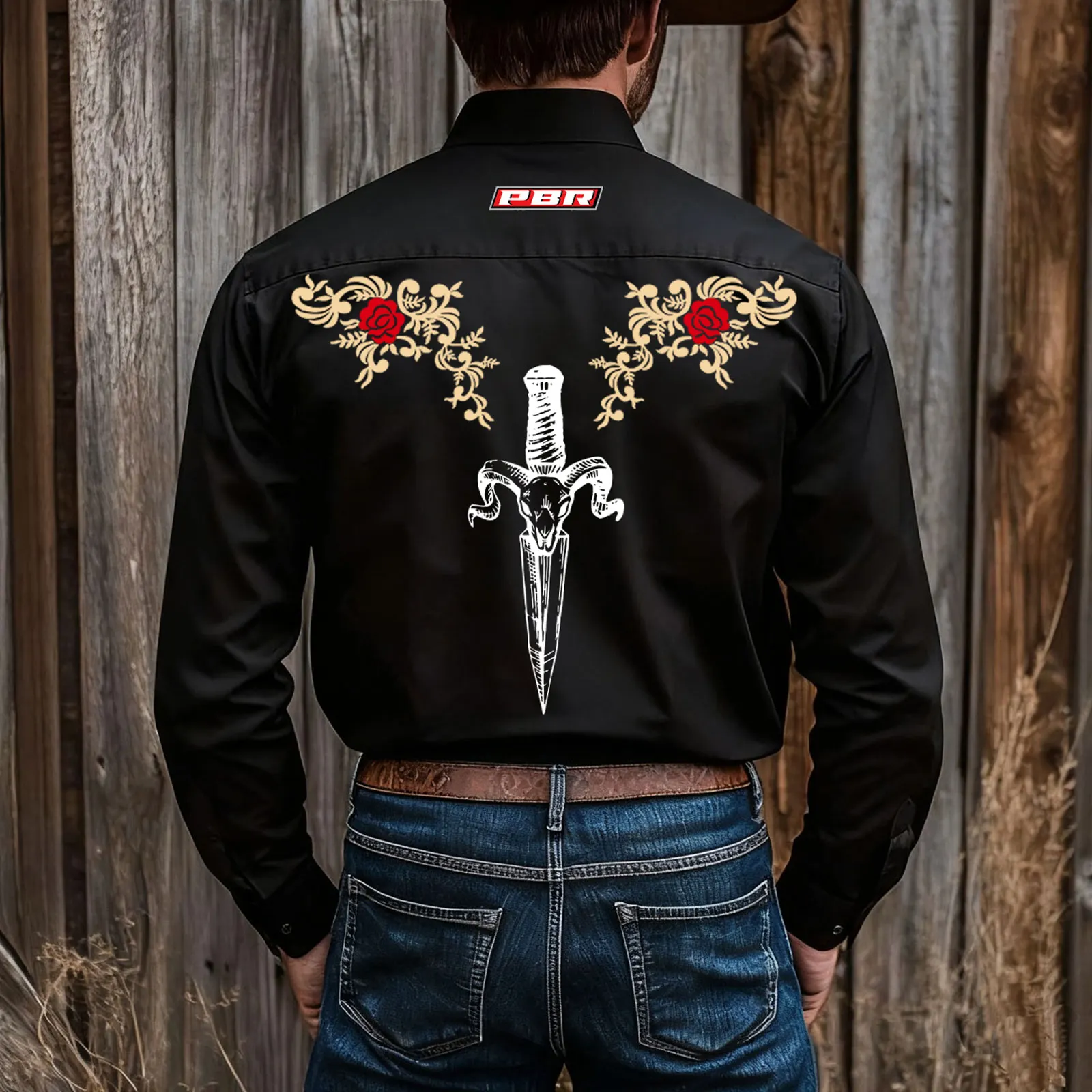 Western Long Sleeve Shirt With Ram Skull And Rose Design