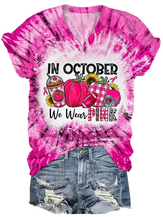 V-Neck Breast Cancer Awareness Tie Dye In October We Wear Pink Football Print T-Shirt socialshop