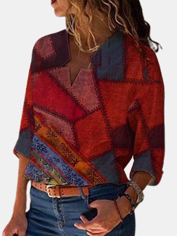 Ethnic Printed Long Sleeve Asymmetrical Blouse For Women P1766148