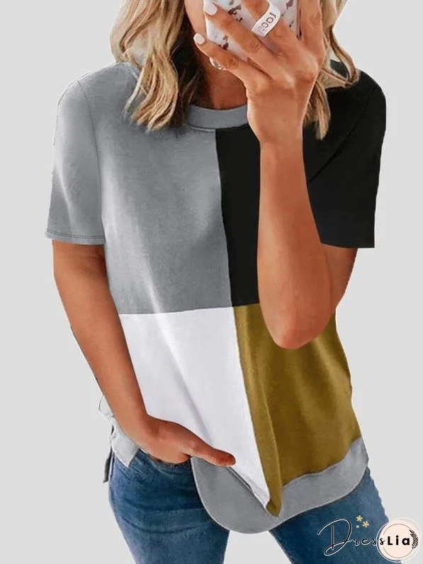 T-Shirts Casual Color Matching Round Neck Short Sleeve T-Shirt for Women