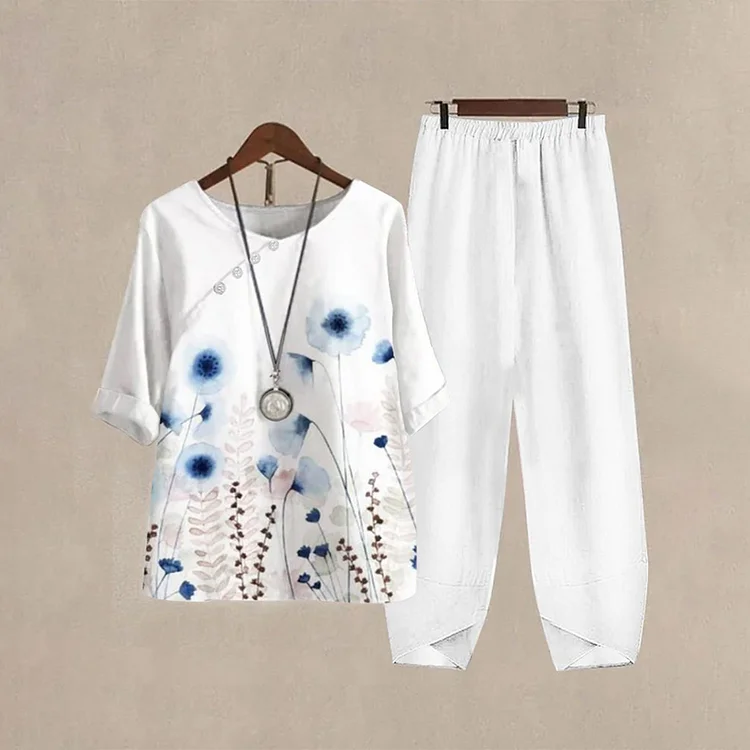 Comstylish Casual Floral Print Cotton Linen Loose Short Sleeve Round Neck Two-Piece Set