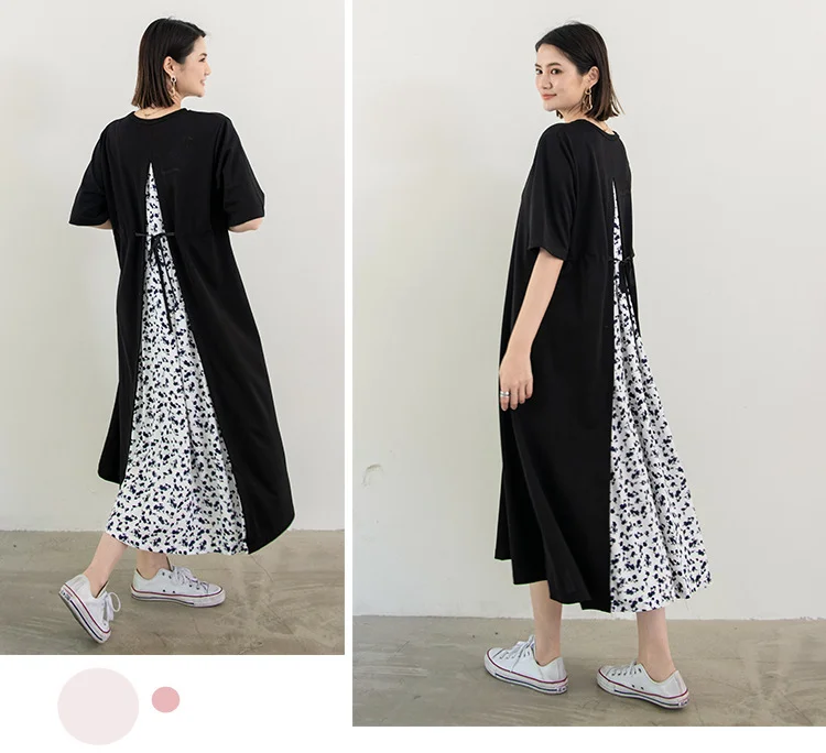 Loose Spliced Printed Short Sleeve Midi Dress