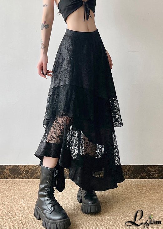 French Black High Waist Patchwork Lace Skirts Summer