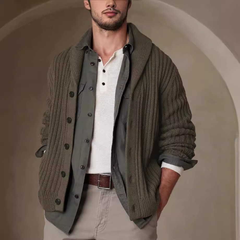 Army Green Lapel Long-sleeved Knitted Sweater Jacket