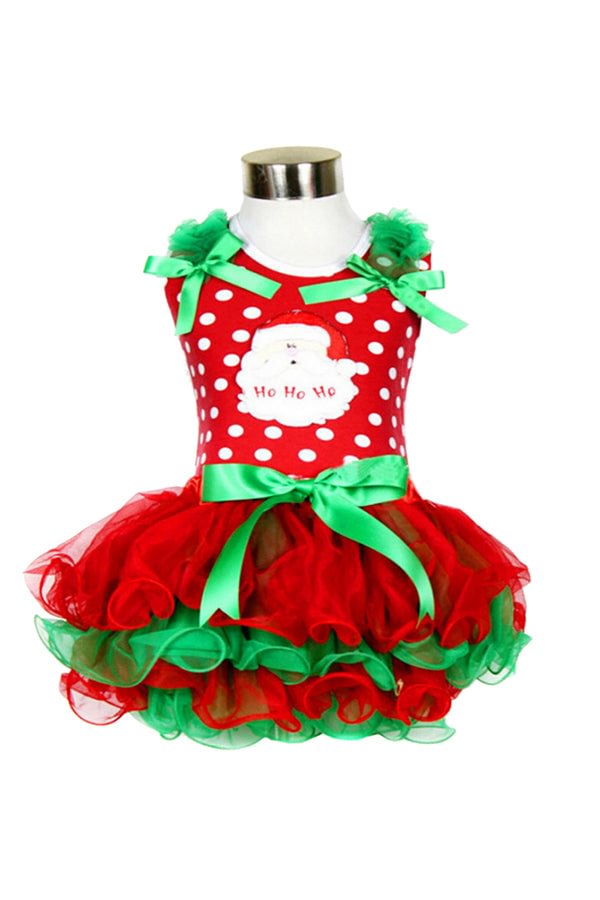 Fancy Sleeveless Bowknot Kids Christmas Costume Santa Print Dress Red-elleschic